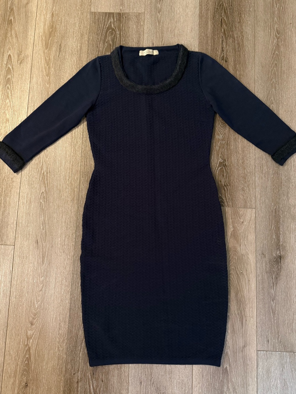 D-Exterior Navy Blue Mid-length Sleeve Textured Sheath Work Dress Size Small